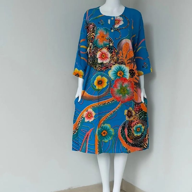 DASTER MODEL LENGAN 3/4 WANITA BATIK KENCANA UNGU LABEL BIRU ORIGINAL MOTIF BUNGA TERBARU LD 120 CM 