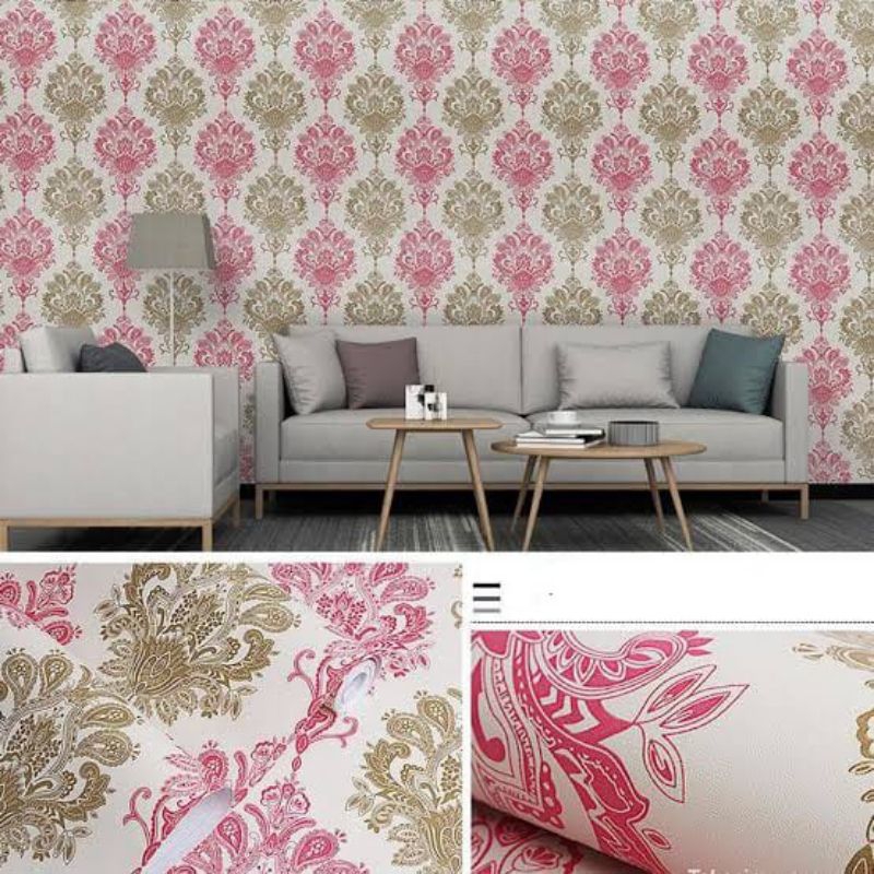 Walpeper dinding motif pink gold 45cmX10m dekorasi kamar walpeper dinding