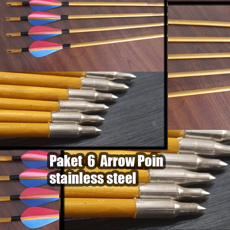 Paket busur panah 6 Arrow Poin Stainless Steel petung bambu bantalan target olahraga archery sport