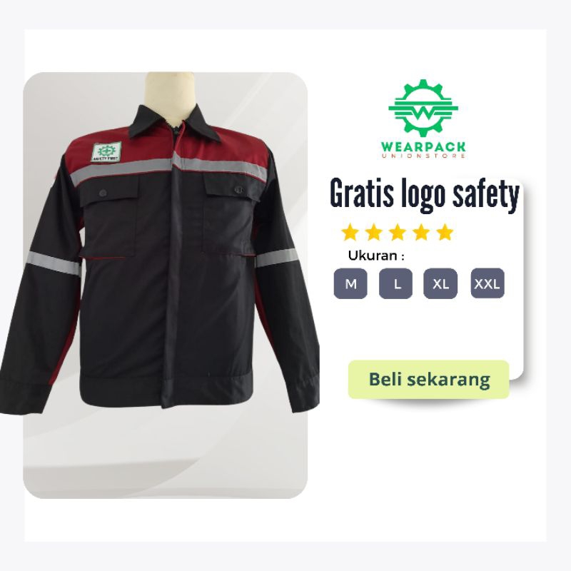WEARPACK SAFETY/pakaian kerja/lengan panjang/ HITAM MAROON/sleting