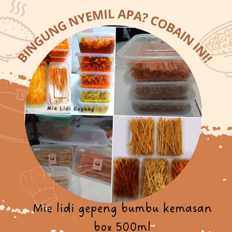 

Mie lidi Gepeng bumbu kemasan box 500ml Terlaris