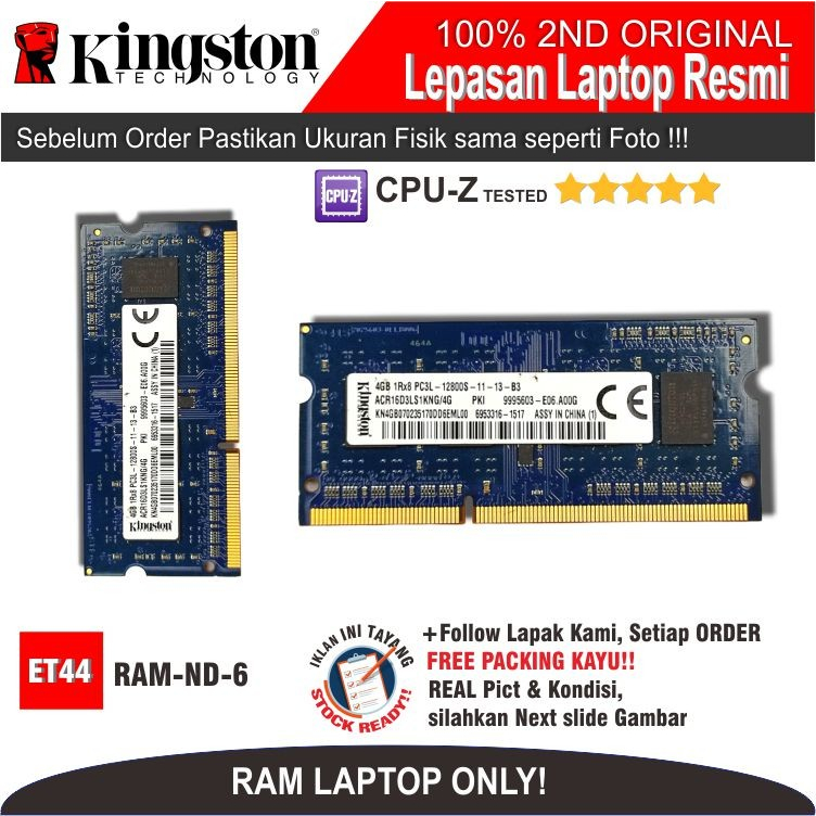 ET44 RAM-ND-6 RAM MEMORY RAM Laptop KINGSTON 4GB DDR3L 12800S