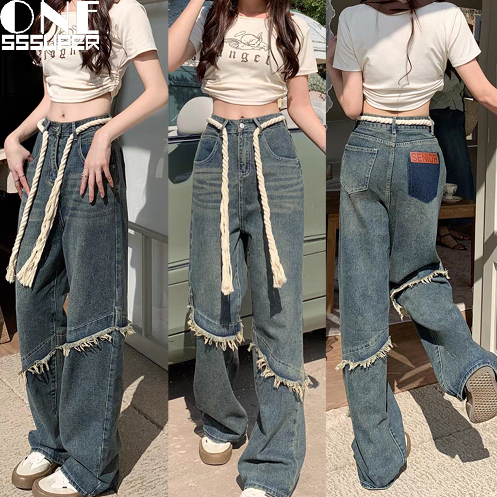 S-2XL Jeans Vintage Wanita Pinggang Tinggi Celana Kaki Lurus Gelap