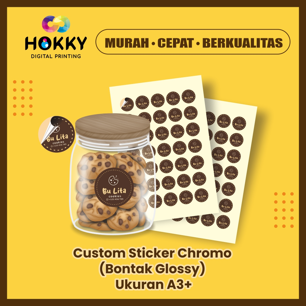 

CETAK STIKER LABEL CHROMO GLOSSY A3+ KEMASAN BRAND LOGO OLSHOP LOGO MAKANAN - CUSTOME STIKER LABEL CHROMO MURAH CEPAT BERKUALITAS