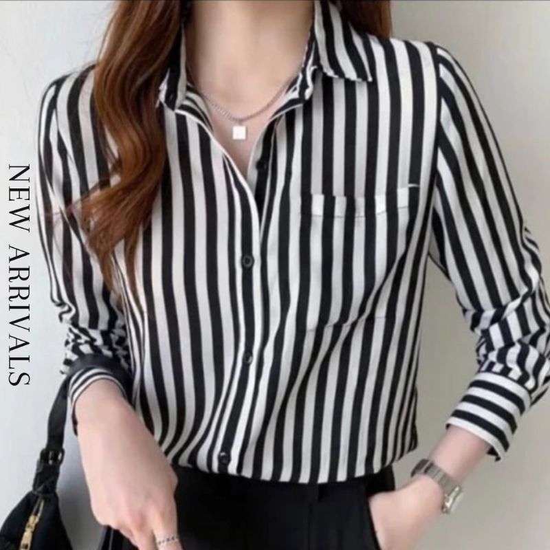 blouse / kemeja Atasan wanita hitam putih jumbo BISA COD baju lurik wanita