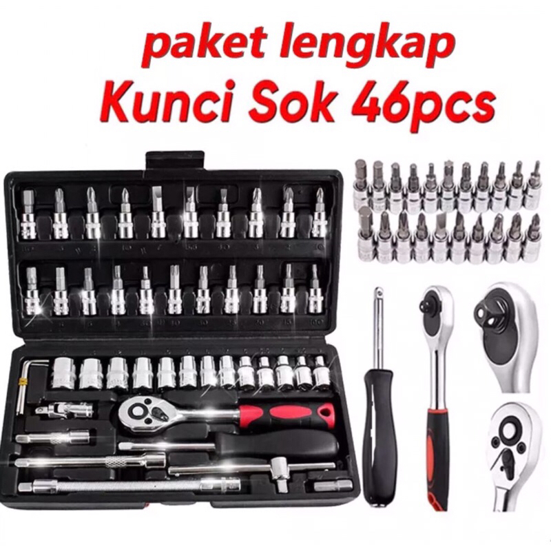 Set Kunci Sok Kunci Shock 46pcs Mobil Motor Lengkap Socket Tool Kit Set Pas Ring Motor Mobil