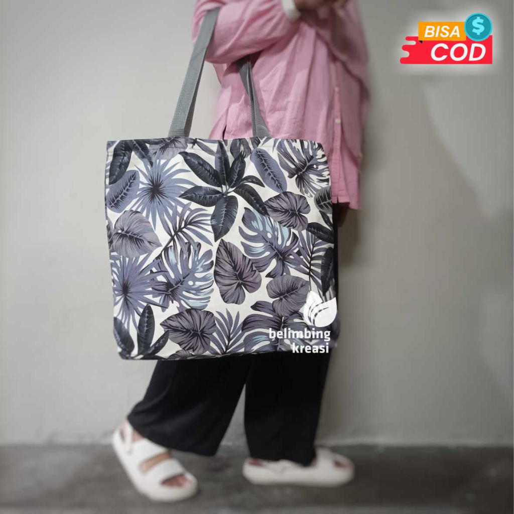 Tas totebag jumbo kanvas motif Tote wanita besar resleting untuk belanja travelling piknik mudik bep