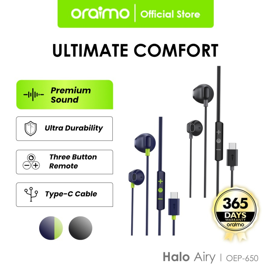 Oraimo OEP-650 Wired Earphone - Headset In-Ear dengan Kabel Type-C, Driver 14mm, Hitam/Biru