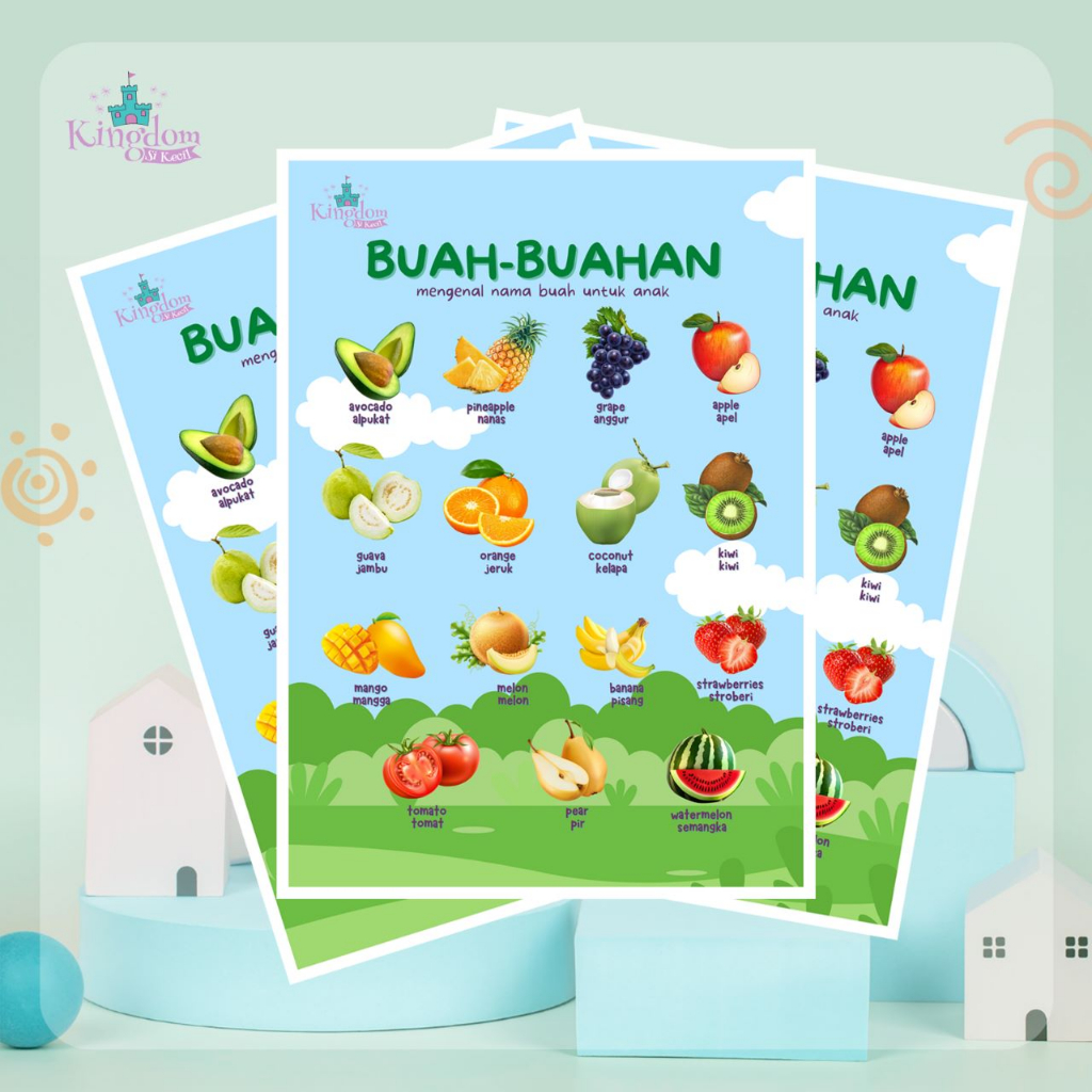POSTER BUAH ABJAD HEWAN AIR Mainan edukasi anak 2 tahun poster anak bermain hiasan dinding
