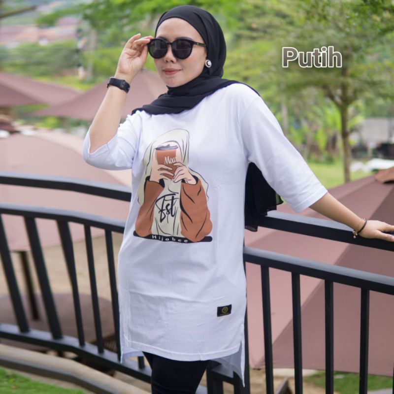 Kaos Wanita Long Tunik Pinguin Putih Motif Cadar Hijab Style Terbaru Dan Terlaris