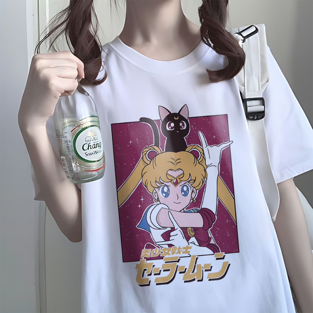 Baju Anime Sailor Moon, Sailor Moon & Luna Shirt, Kaos Putih, Baju Kaos Unisex, Kaos Cotton Combed, 