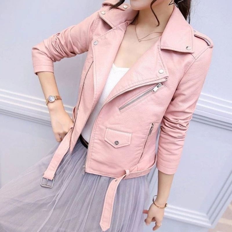 JNK x RMS - Jaket Kulit Wanita Ramones Changcuters Korea Blazer Style Punk Women Shirt Pink Bahan Se