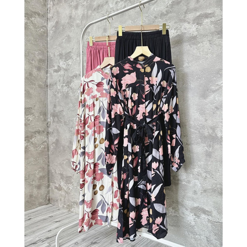 One Set Tunik Filea Rayon Diamond Import Motif Bunga Set Celana Crinkle Airflow Baju Hitam