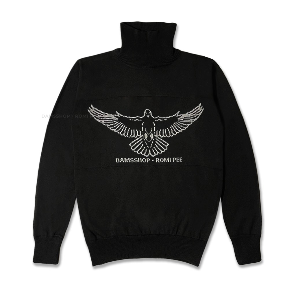 Damssop Turtleneck Sweater Rajut Pria Kerah Tinggi Premium Falcon Hitam Leher Tinggi Turtle Neck