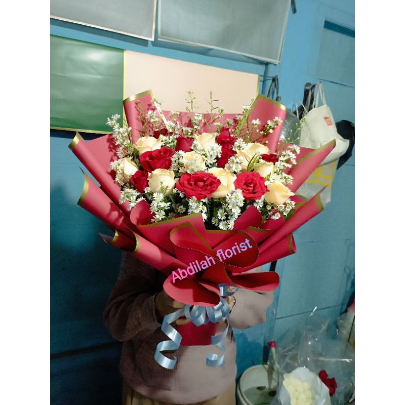 buket mawar merah-putih asli
