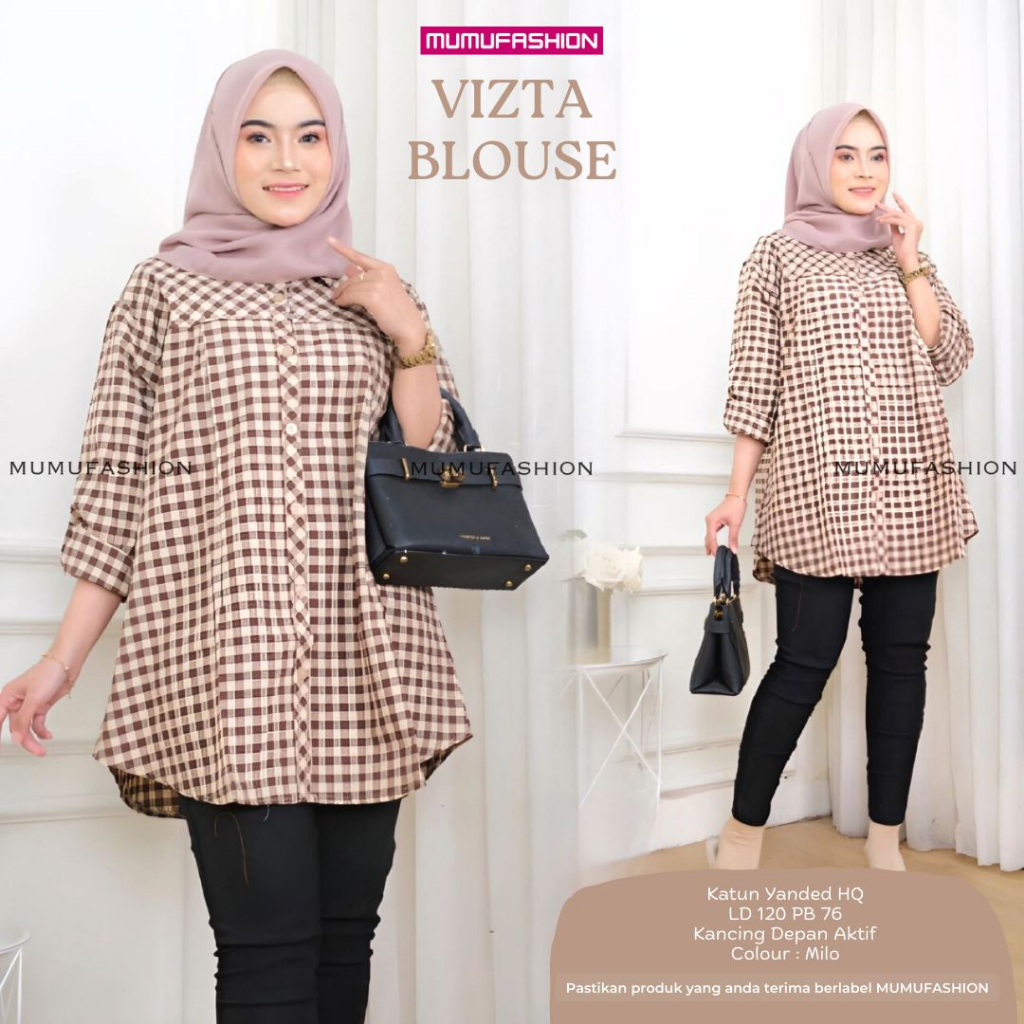 MUFASH - VISTA BLOUSE Atasan Kemeja Katun Kotak Kotak Wanita Ld 120 by Mumu Fashion