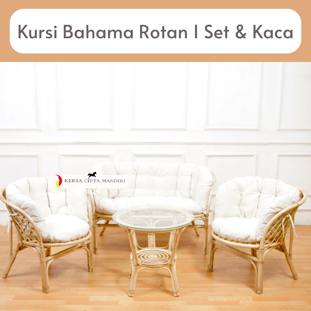 KURSI BAHAMA ROTAN 1 SET + BANTAL DAN KACA / KURSI ROTAN MINIMALIS / KURSI TAMU ROTAN