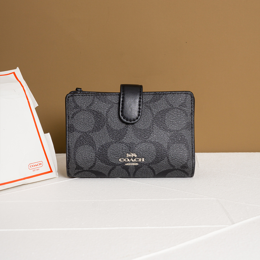 Dompet Lipat Coach Medium Corner Zip Wallet Signature Black (100% AUTHENTIC BRANDED ORIGINAL) Luxeha