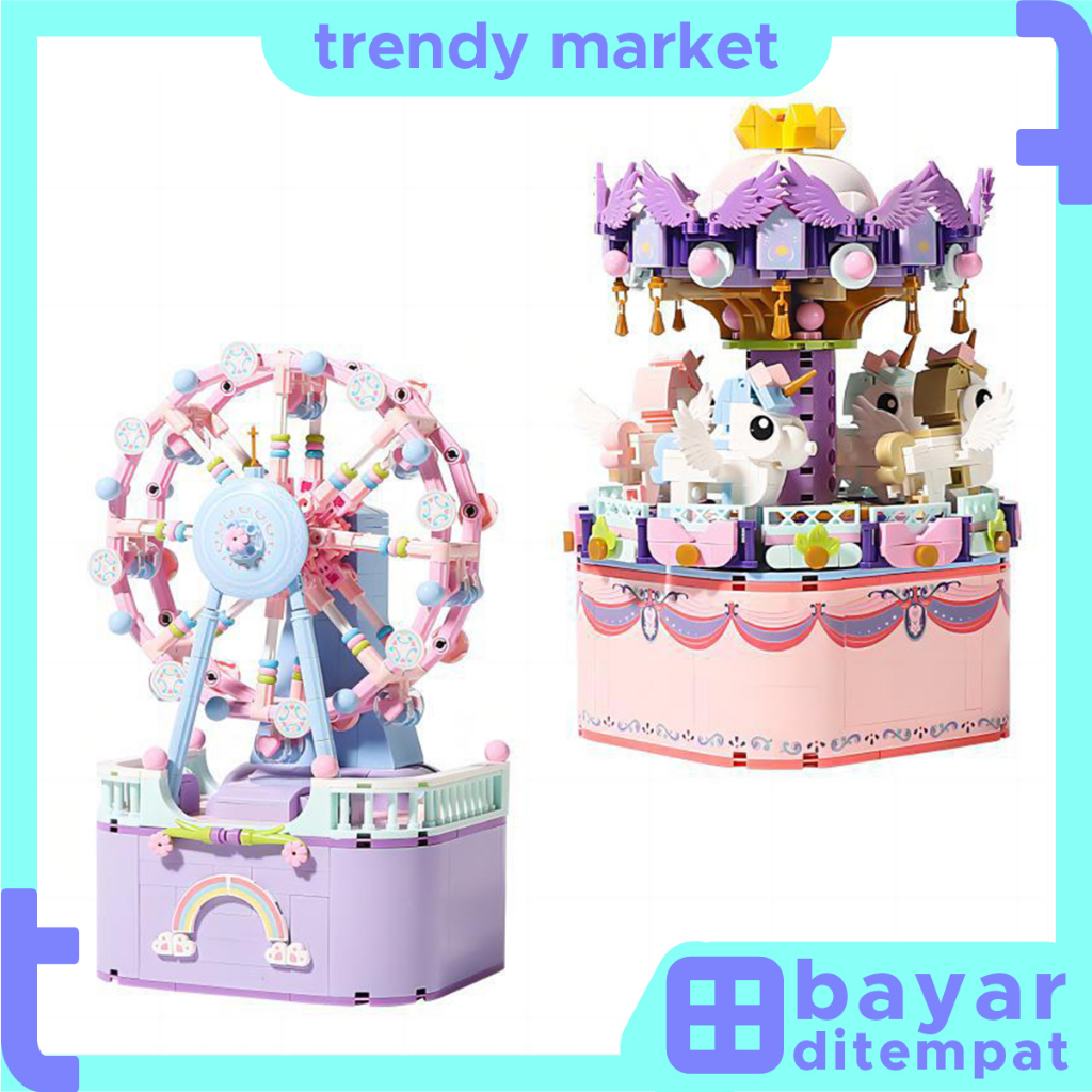 LEGO Mainan Anak Perempuan Ferris Wheel Carousel Kotak Musik Bunga Yan Teh Bahasa Blok Bangunan Bung