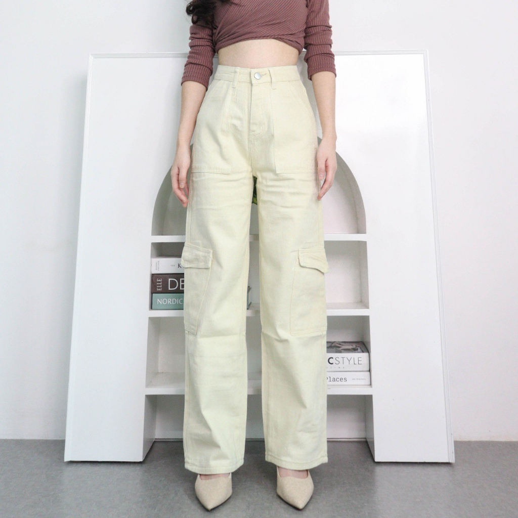 Ay00 yeonin.id Celana Highwaist Cargo Jeans Baggy Import Wanita Kekinian X56 Cream