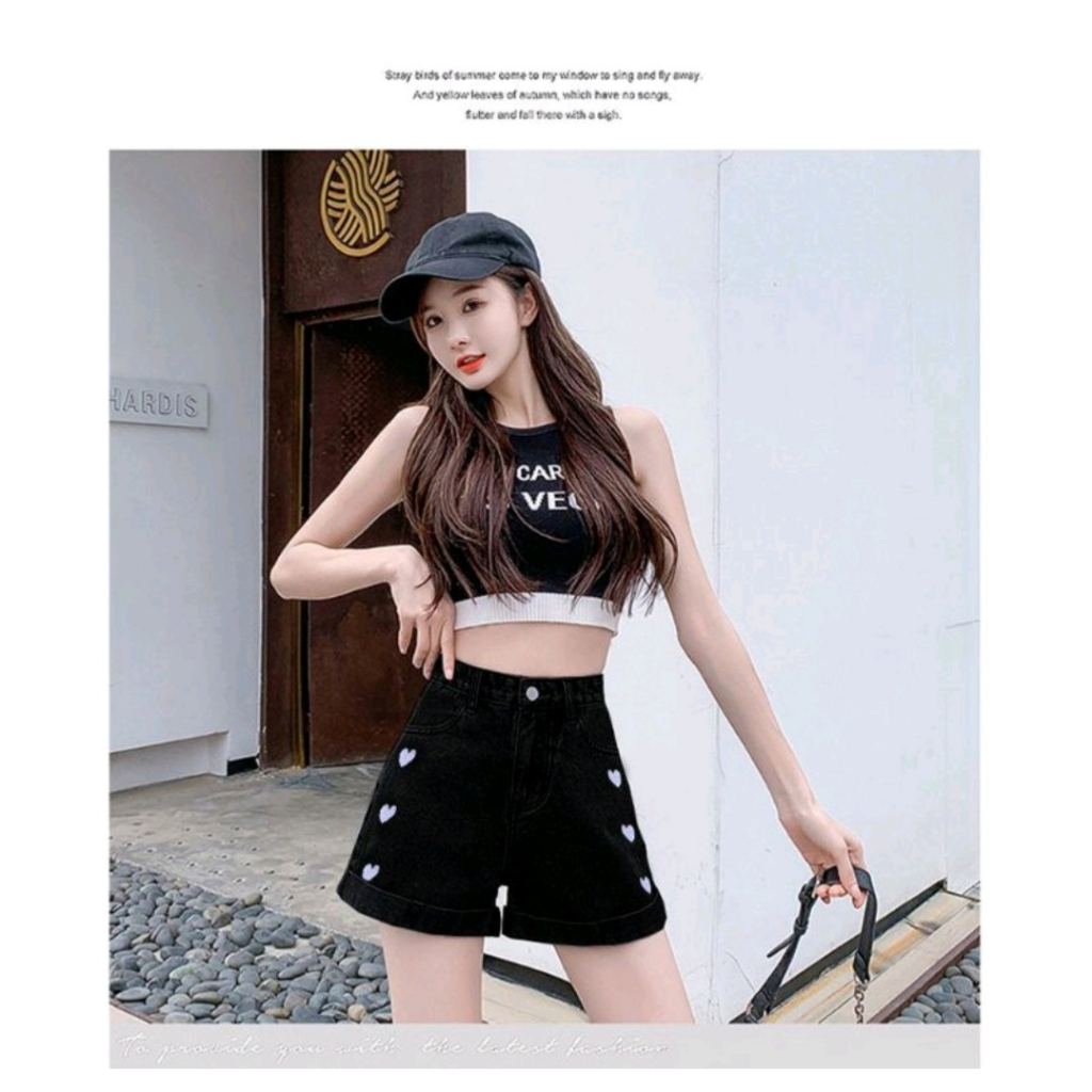 FAVORIT SHORT PANTS HIGH WAIST HOT PANTS CELANA PENDEK JEANS WANITA KOREA STYLE MOTIF BORDIR LOVE
