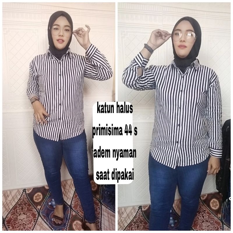 Kemeja cewek lurik ganjar hitam putih katun halus primisima Kemeja cewek salur blus kemeja cewek lur