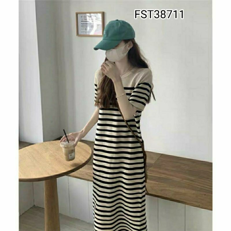 IMPORT May Stripe Knit Casual Dress FST38711/ Simple Korean Midi Dress Lengan Pendek Garis-garis