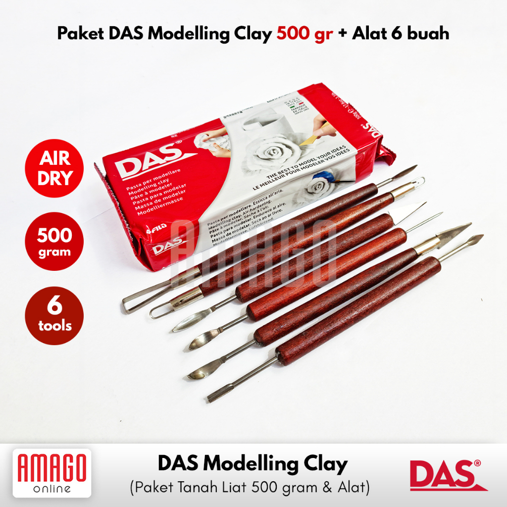 Paket Murah - 1 DAS Modelling Clay 500 gram Putih + 1 set Alat Ukir Clay Gagang Kayu isi 6 alat