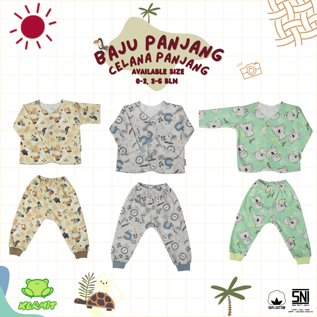 BABY KERMIT - Setelan Piyama Baju Tidur Lengan Panjang Bayi Laki Laki Perempuan 0-6 Bulan Motif SNI 