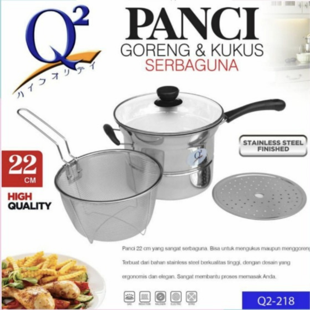 Q2 Panci Goreng dan Kukus 22 Cm Serbaguna / Panci 3 in 1 | Q2-218
