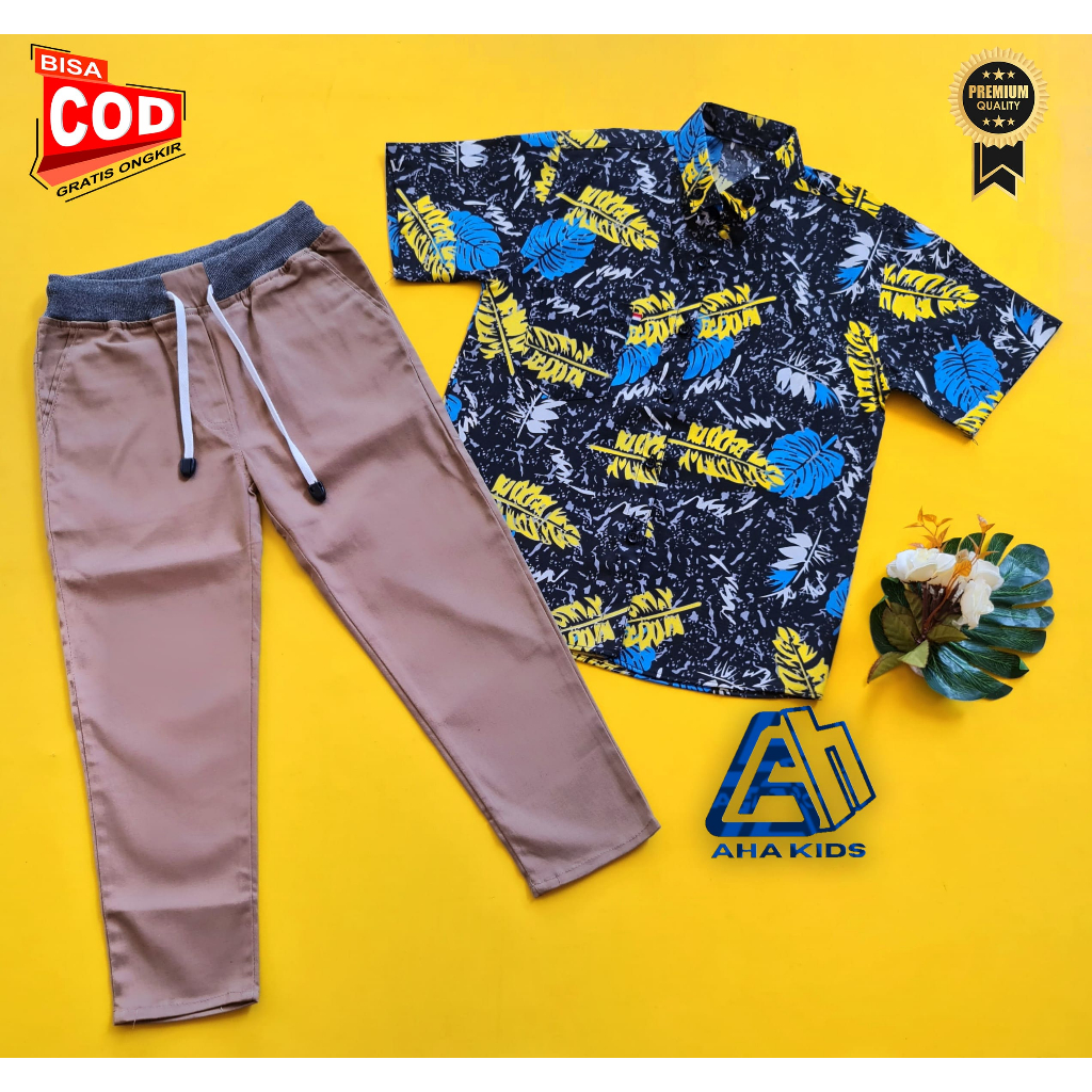 GRATIS ONGKIR/BISA COD Setelan Kemeja Anak Cowok Motif Lengan Pendek dan Celana Panjang Usia 1-10 Ta