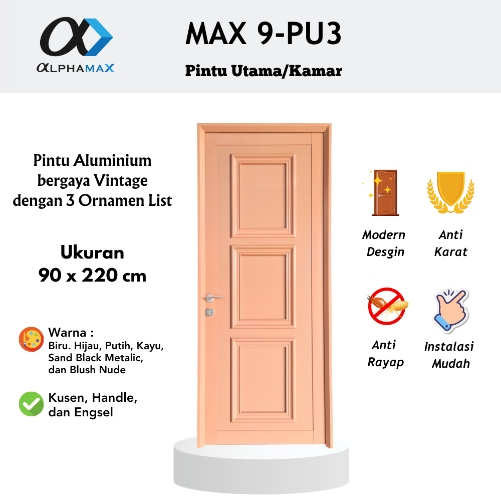 Pintu Aluminium Pintu Rumah Pintu Depan Pintu Utama Pintu Kamar  Full Panel 3 Ornamen Alphamax Max 9