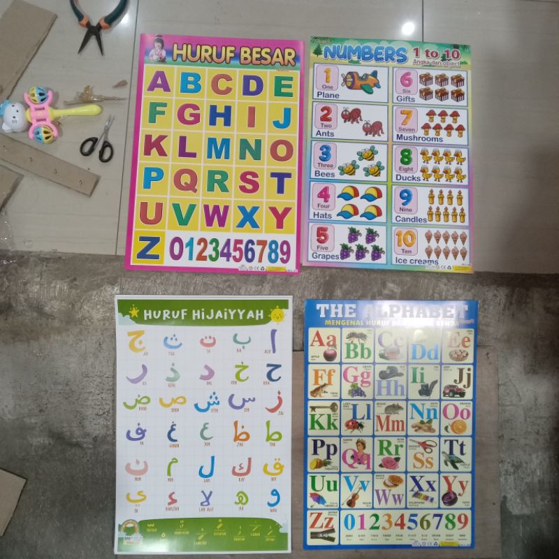 Kertas Poster 1 Lembar Edukasi Anak Aneka Motif Angka 123 Huruf Alfabet Abc Kecil / Kapital Huruf Ar