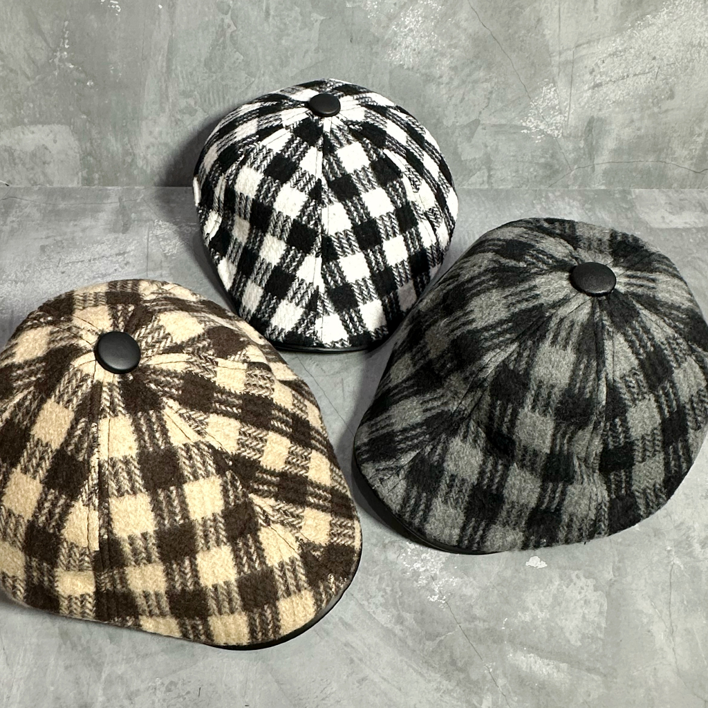 Flat Cap Pria Motif Flannel Bahan Wool Tebal | Newsboy Hat Import | Topi Pet Pelukis Sutradara Kuali