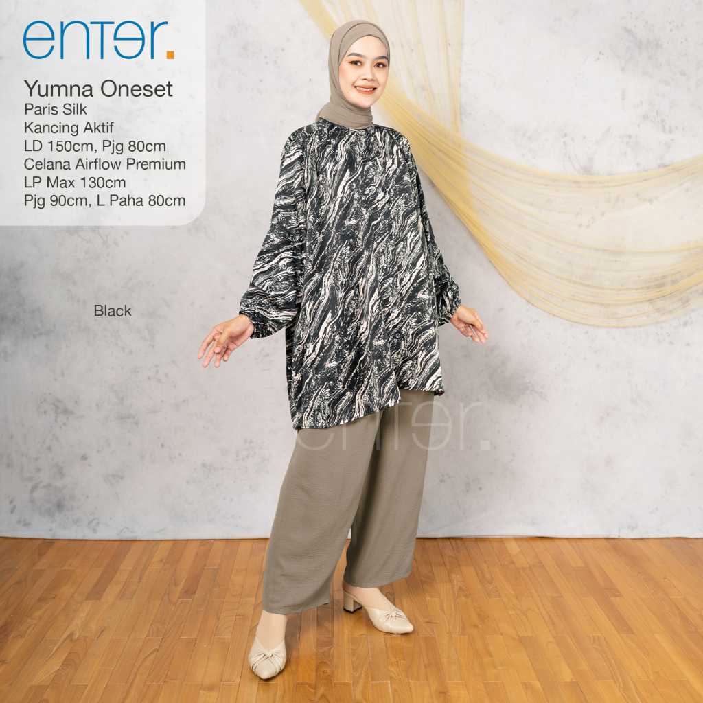 one set jumbo wanita ld 150 yumna setelan motif abstrak polos kancing aktif mat silk premium ori ent