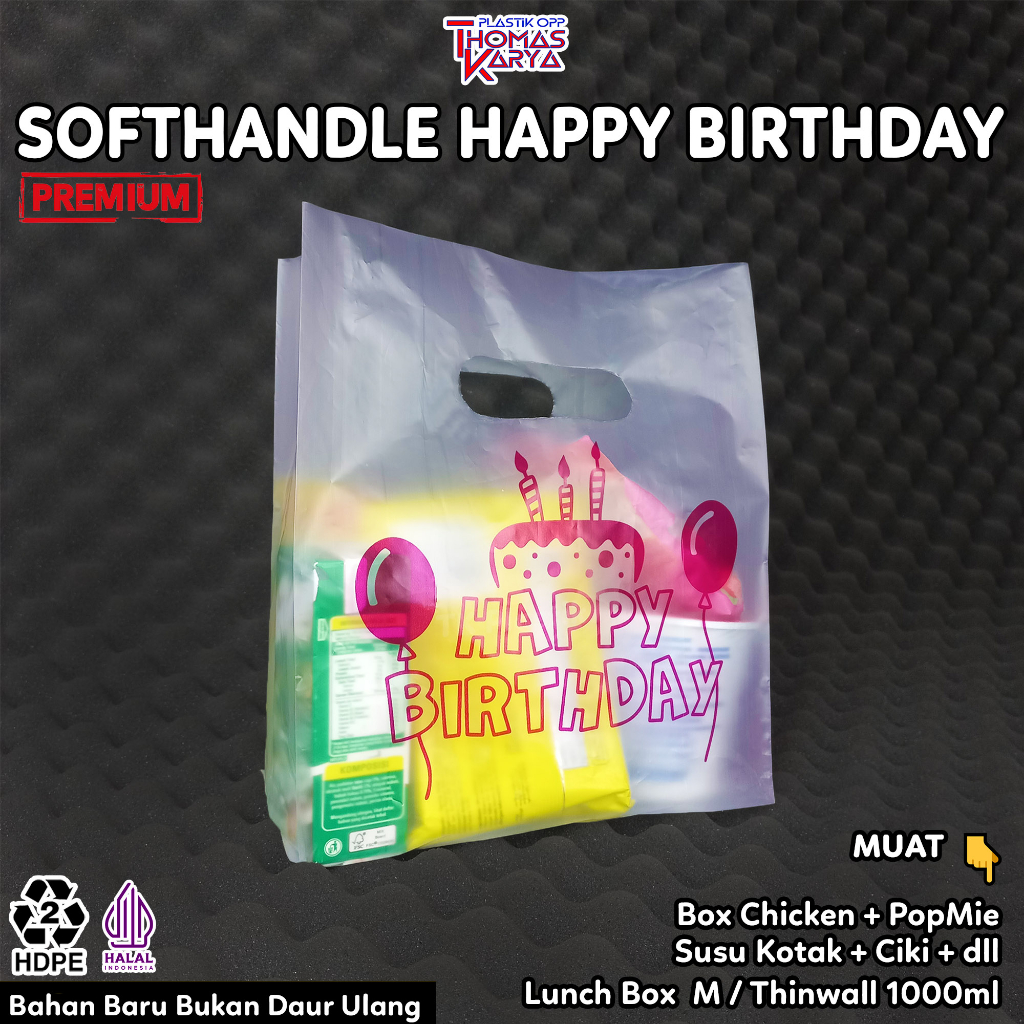 RB Plastik Ultah 20x30 HAPPY BIRTHDAY PINK isi 50 Tas Bingkisan Snack Ulang Tahun HBD Softhandle