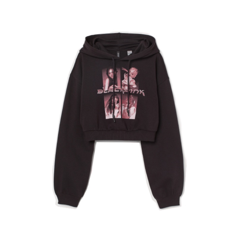 HOODIE H&M CROP BLACK PINK PRINTED