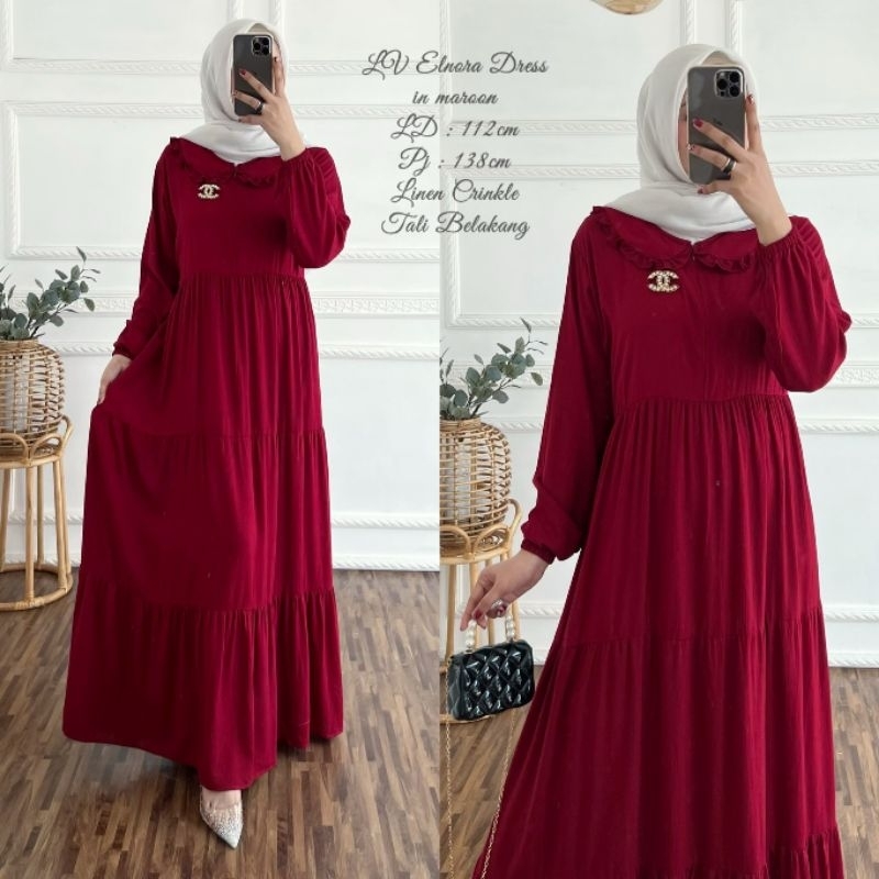 ELNORA DRESS|GAMIS MUSLIM JUMBO PREMIUM LINEN CRINKLE BEST SELLER SUPER ADEM|GAMIS PESTA MUSLIM TERB