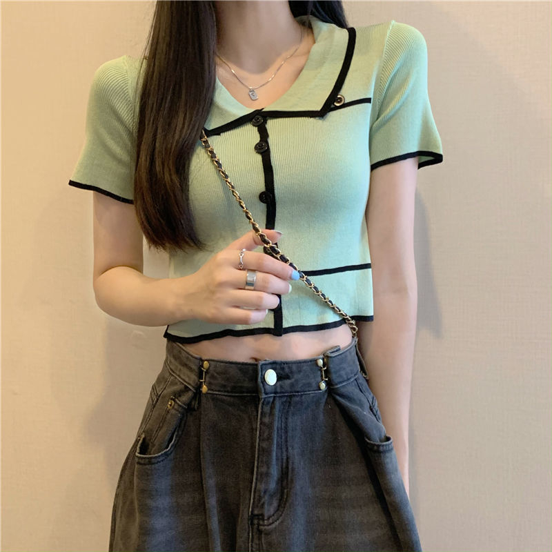 •YF• BJ1368 Baju Atasan Kaos Lengan Pendek Korean Collar Crop Top Atasan Kemeja Knit Fashion korean