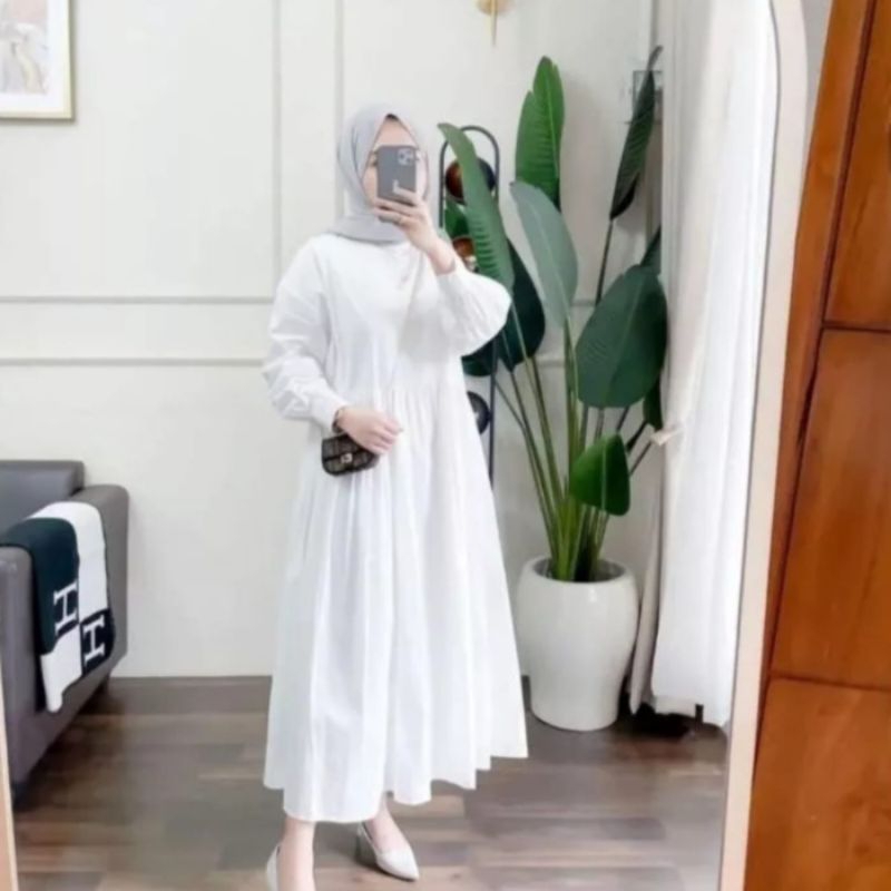 GAMIS CRINKLE AIRFLOW ELITA MIDI DRESS GAMIS PUTIH POLOS SIZE S M L XL GAMIS REMAJA TERBARU FASHION 