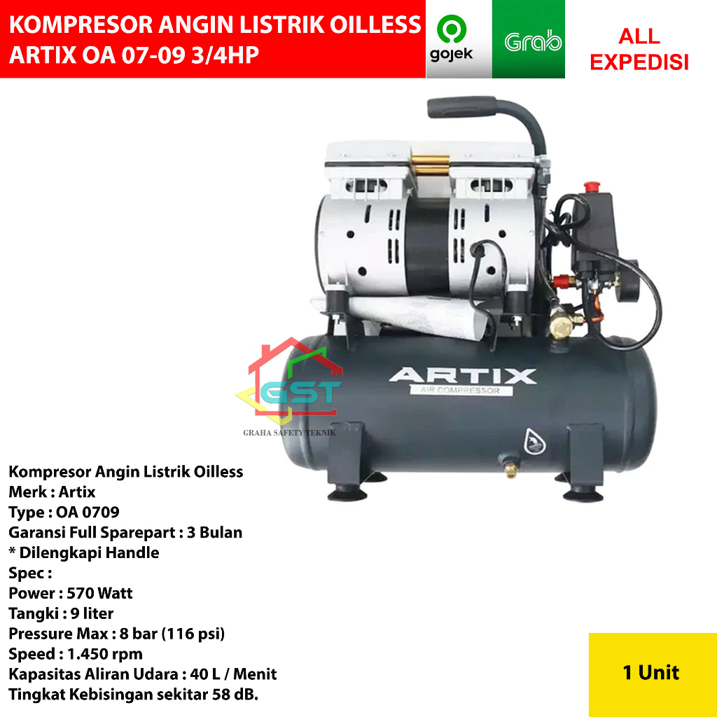 ARTIX kompresor angin listrik oilless OA 07-09 3/4hp 9 liter