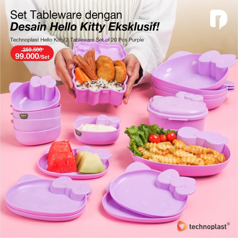 Technoplast Hello Kitty 2 Set Peralatan Makan 20 Pcs Ungu dan Pink