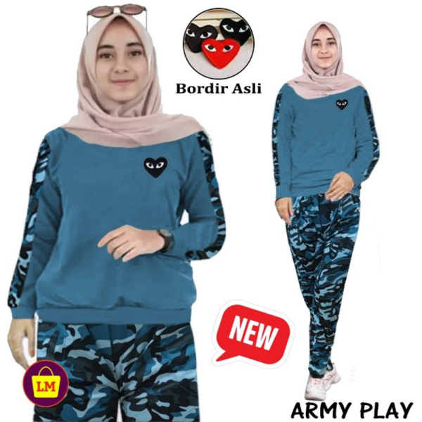 Jual Setelan Baju Olahraga Senam Training Wanita Newplay Casual - Loreng Biru ITB XXL Murah
