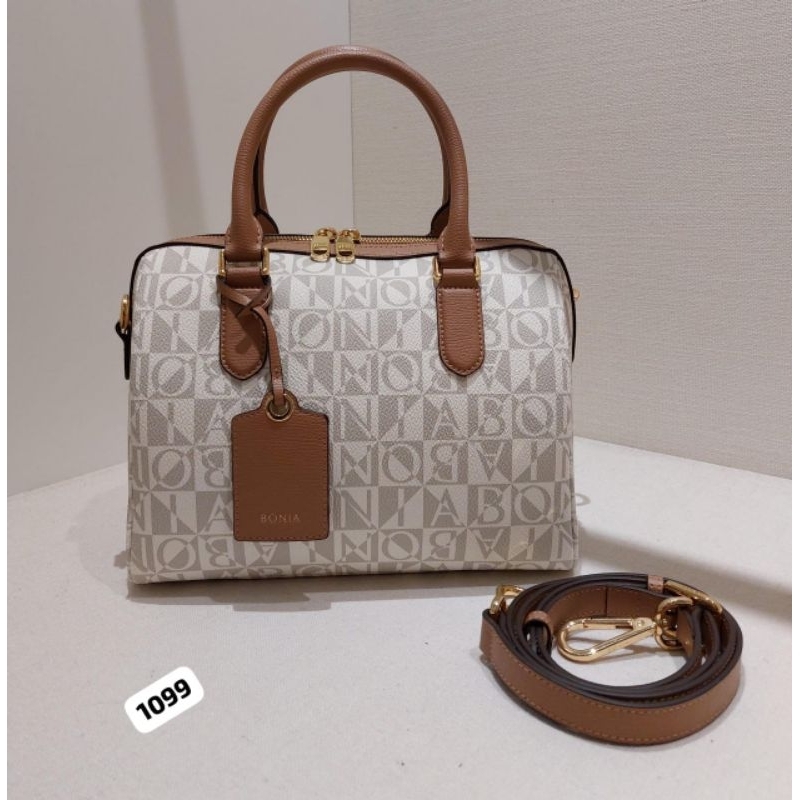 tas bonia original speedy M monogram putih les coklat