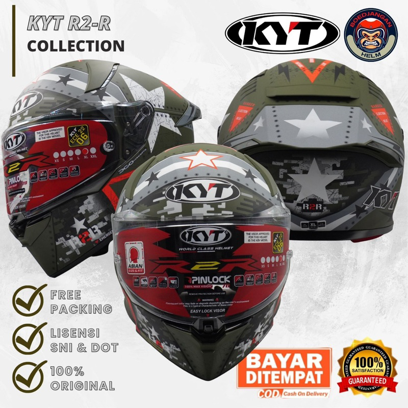 HELM KYT R2R PRO GRAPHIC MATT ARMY GREEN / KYT R2R PRO / KYT FULL FACE DOUBLE VISOR