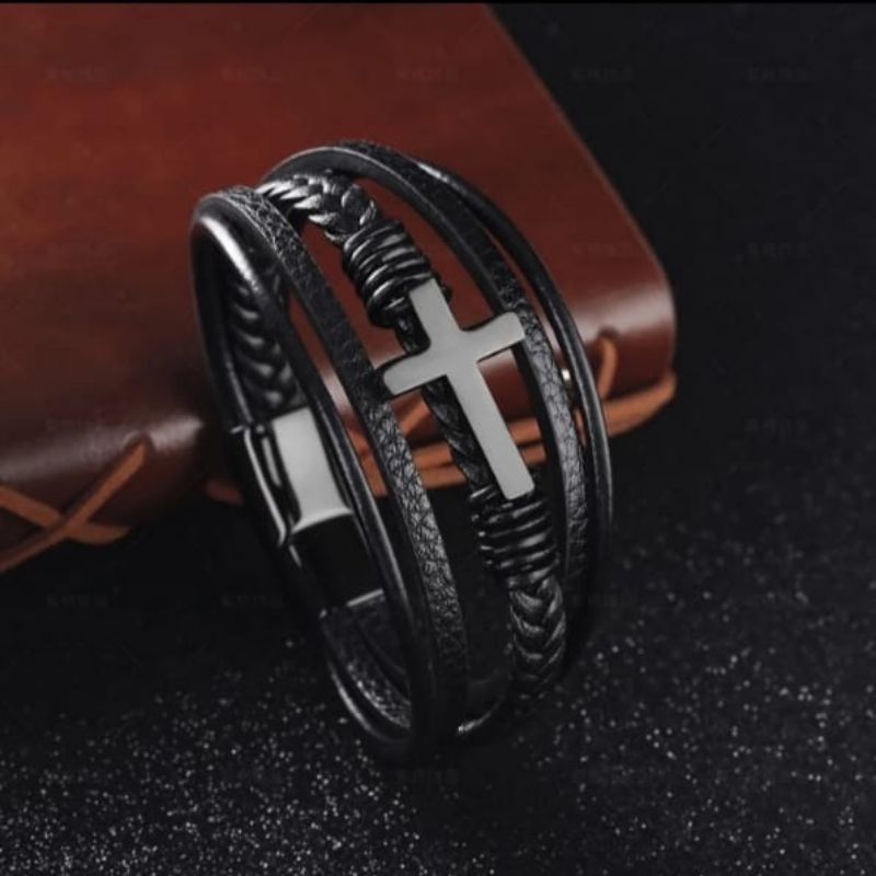 Gelang Kulit Salib Pria Hip Hop Stainless Rock Retro