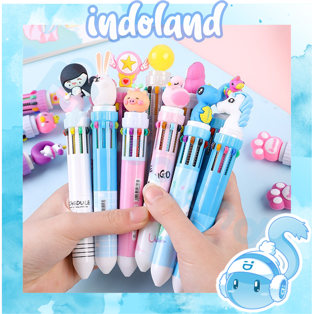 

☀ INDOLAND ☀ Pulpen 6 Warna Dino kepala Unicorn Karakter Pena Ballpoint S089