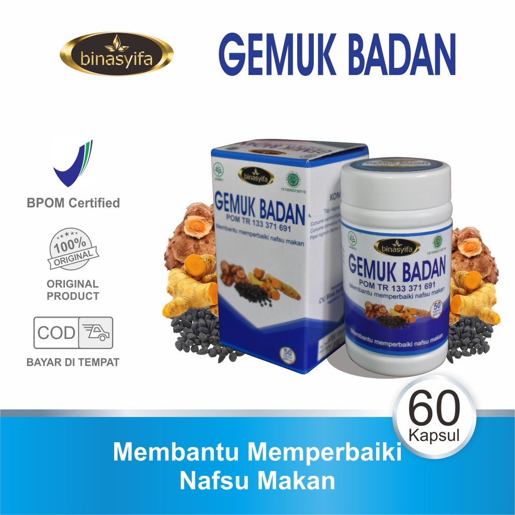 GEMUK BADAN Asli Kapsul Penggemuk Badan Menambah Berat Badan Nafsu Makan Anak & Dewasa Binasyifa Her