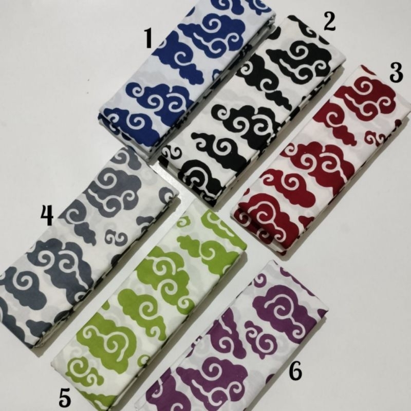 Kain Batik Cap AK Motif Mega Mendung Warna Dasar Putih Warna Merah Hitam Hijau Ungu Biru Abu