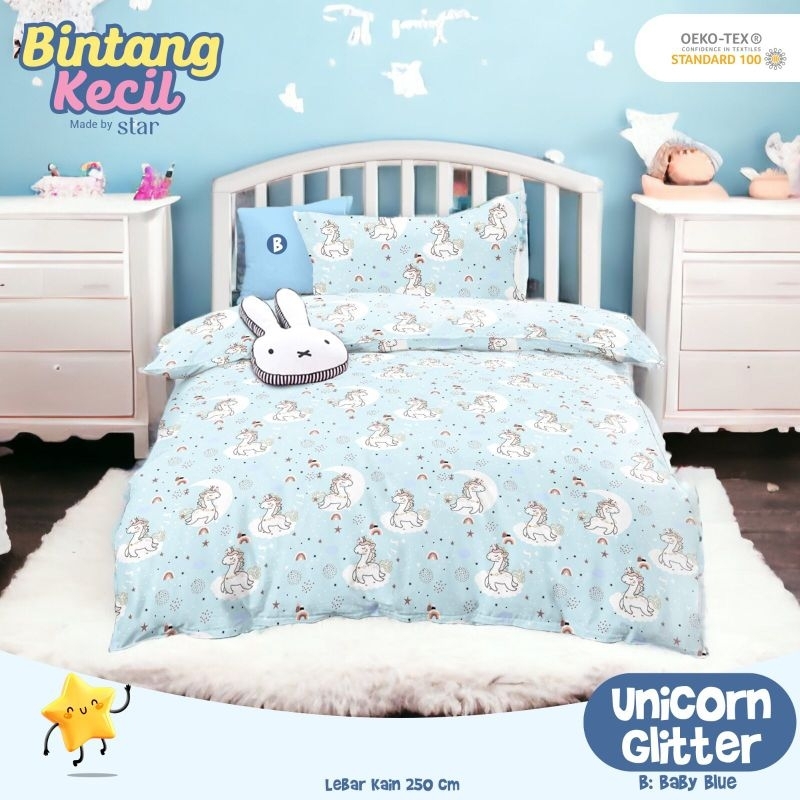 Katun Lokal Original Grade 1 kain Sprei meteran bahan Star Deluxe motif Unicorn Glitter Blue